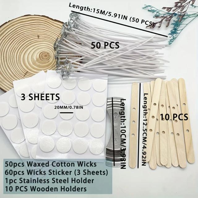 Kits DIY para Velas: Pavios de Algodão Encerado, Adesivos e Tabs de Metal - 60 e 50 Peças