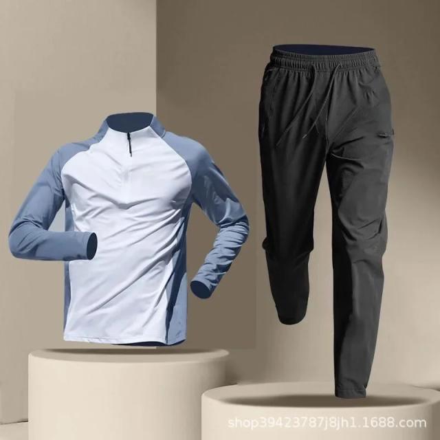 Camiseta Masculina de Atletismo e Calça de Manga Longa para Corrida, Ginástica e Treinamento com Secagem Rápida