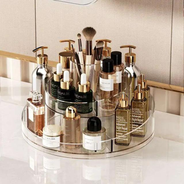 Organizador Rotativo de Cosméticos Transparente: Rack Prático para Batons, Perfumes e Escovas de Maquiagem com Iluminação Luxuosa