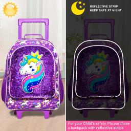 Mochila rolante para meninas e crianças, saco de rolo com lancheira, design de caneta padrão de unicórnio, função luminosa, 3 peças - Image 6