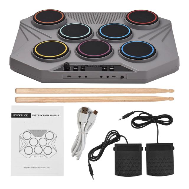 Kit de Bateria Digital Portátil com 7 Zonas, Pedal Ajustável e Alto-Falante Embutido