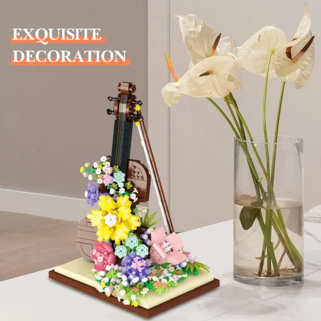 Mini Instrumento Musical DIY: Criativo Piano e Violino em Bloco de Construção - Presente Perfeito para Aniversário Infantil com Modelo de Montagem de Flor Eterna