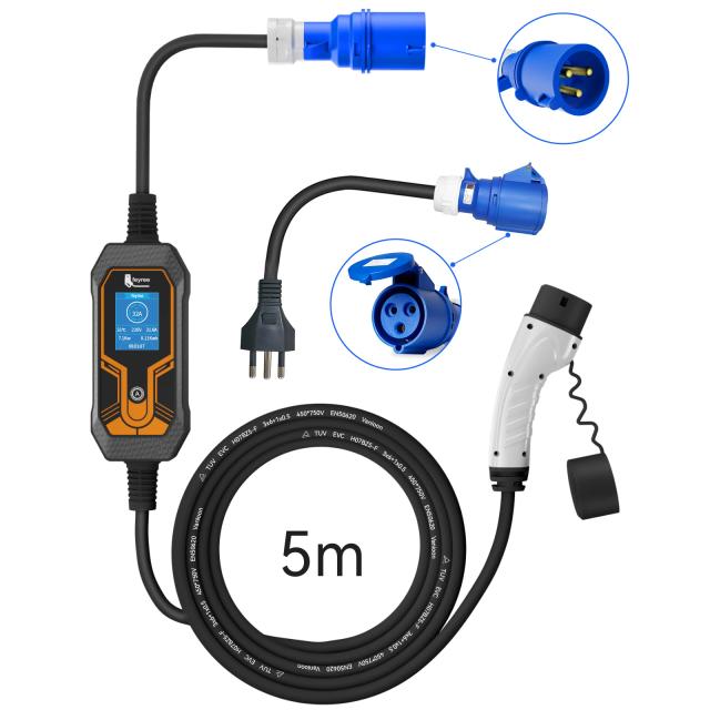 Carregador Portátil 7kW para Veículos Elétricos Tipo 2 com Cabo de 5m e Conector IEC62196-2