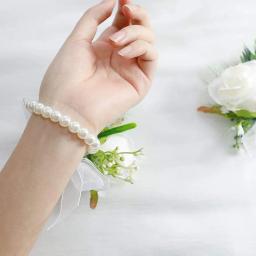 Marfim Rose pulso Corsage para homens, pulseira, boutonniere branco, acessórios flor do casamento, decorações de baile, banda, 2pcs - Image 5