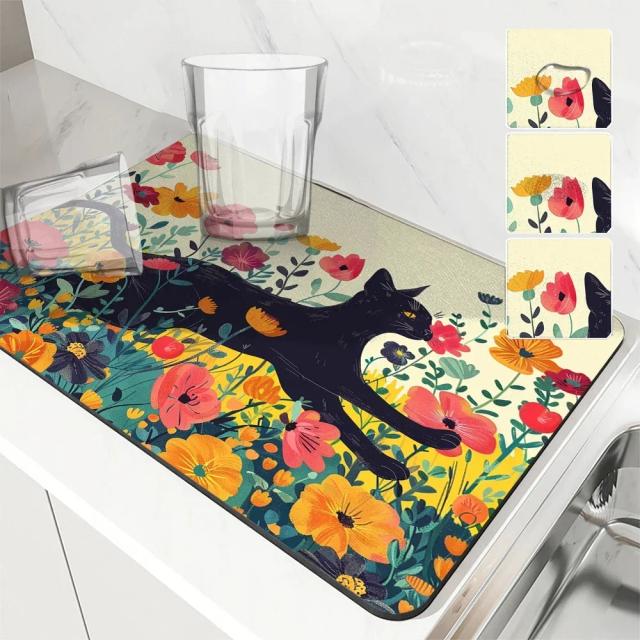 Tapete Absorvente Aquarela com Plantas, Flores e Animais - Ideal para Secagem na Cozinha e Bar