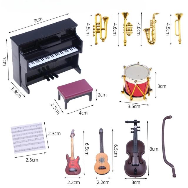 Miniatura Clássica de Instrumento Musical para Casa de Bonecas - Piano, Guitarra, Saxofone