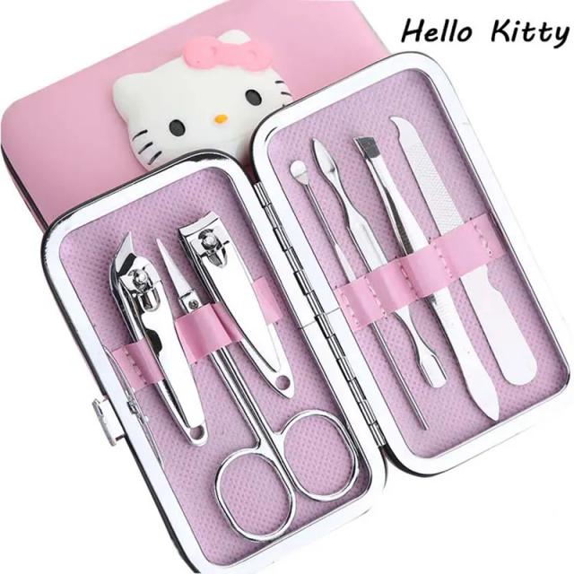 Conjunto de Tesouras e Cortadores de Unha Hello Kitty para Manicure, Ferramentas de Beleza Portáteis para Homens e Mulheres, 7 Peças num Design Exclusivo
