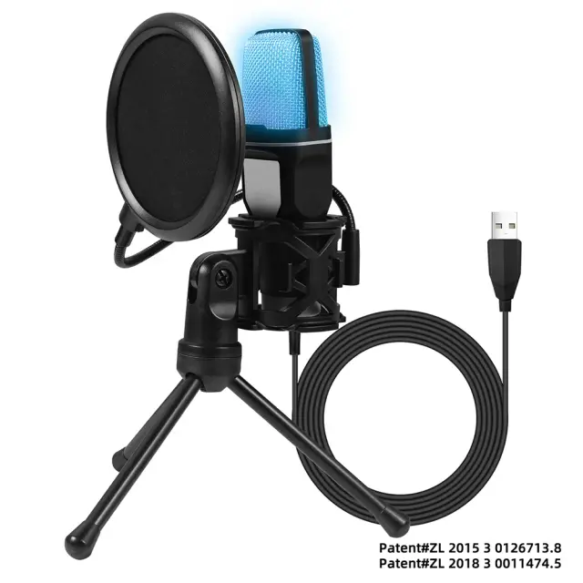 Microfone Condensador USB LED para Gravação de Podcasts, Streaming e Jogos em Laptop e Desktop