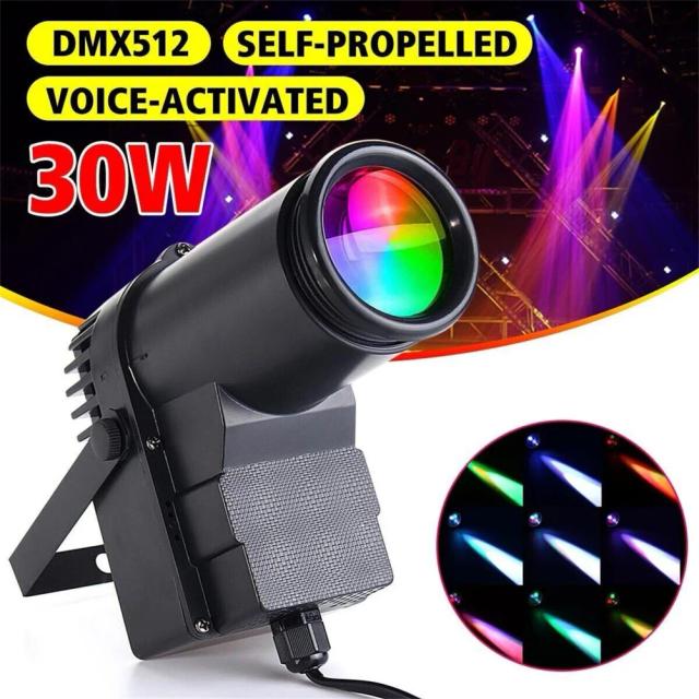 Luz de Disco LED Controlada por Voz, 30W, Rotação de 360°, Estroboscópio e Foco RGB - Presente de Natal Ideal para Shows e Eventos DMX512