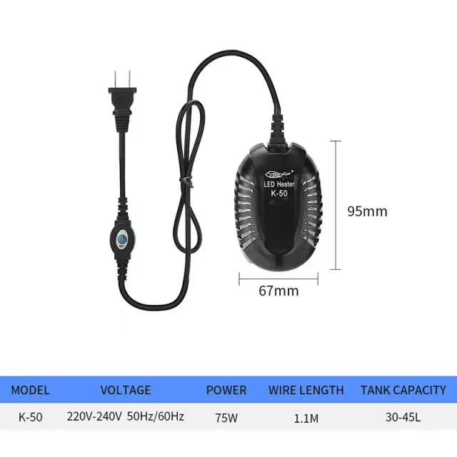Aquecedor Submersível para Aquário com Controle de Temperatura, Display Digital e Várias Potências 25W, 50W, 75W, 100W - Plug UE 220V