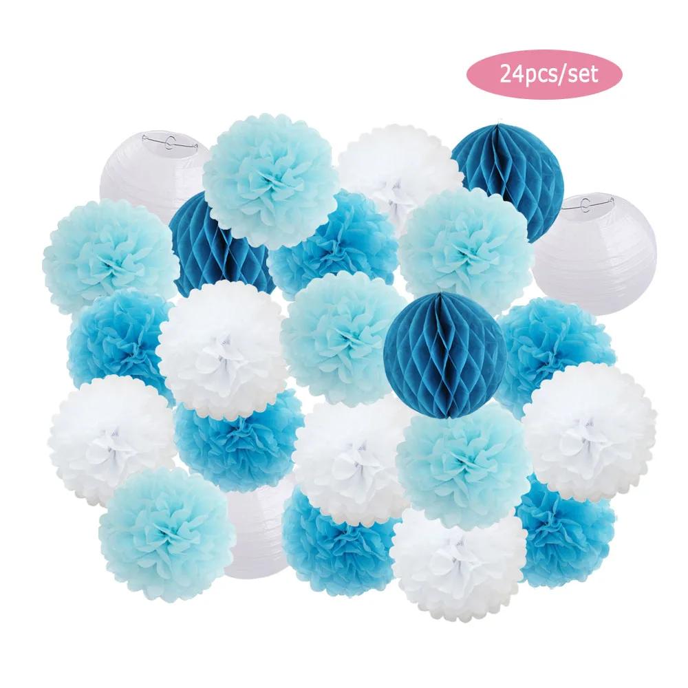 Pompom de papel pendurado para crianças, lanternas brancas, chuveiro de bebê, favor de festa de aniversário azul escuro, decoração de eventos de casamento, meninos e meninas, 24 pcs/set - Image 1