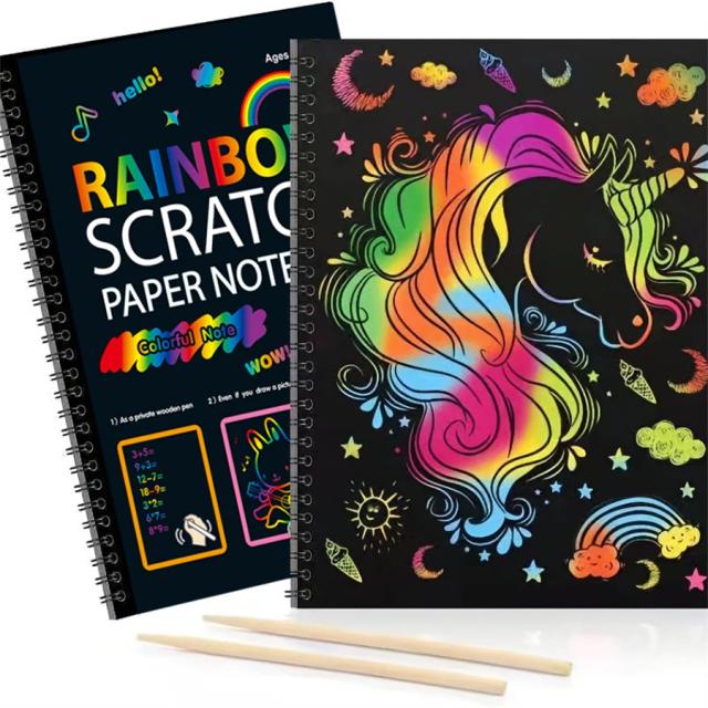 Conjunto de Livros e Materiais de Arte Arco-íris Scratch-Off com 12 Folhas de Papel de Desenho Colorido para Festas de Aniversário