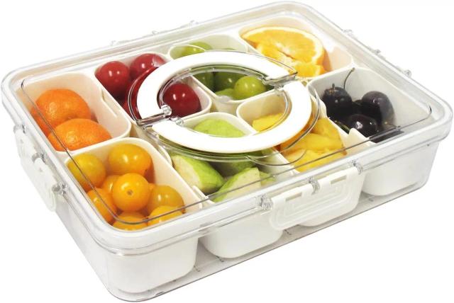 Bandeja Dividida com Alça e Tampa, 8 Compartimentos para Lanches e Frutas, Organizador de Almoço e Armazenamento de Alimentos