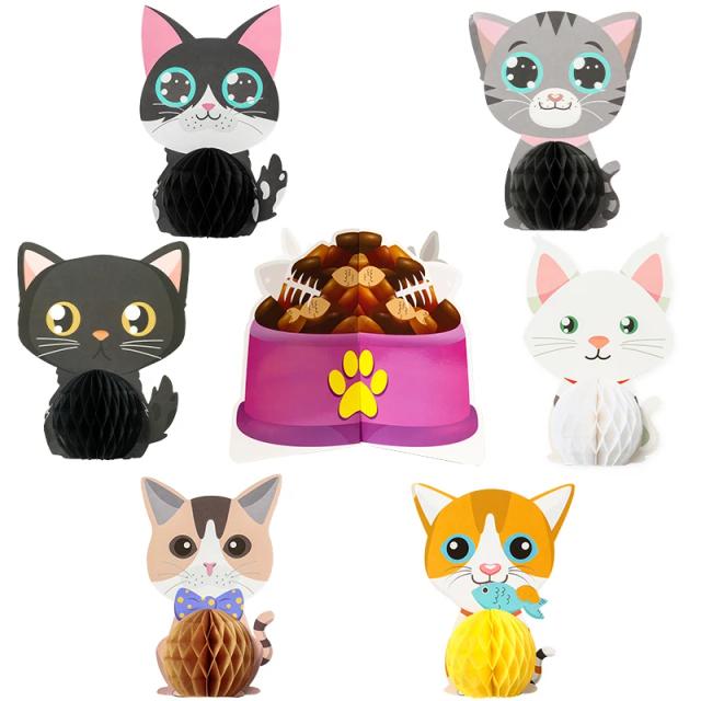 Centro de Mesa Balão de Favo de Mel com Gatinho Bonito para Festa de Aniversário, Decoração Temática de Pet, Conjunto com 6 Peças