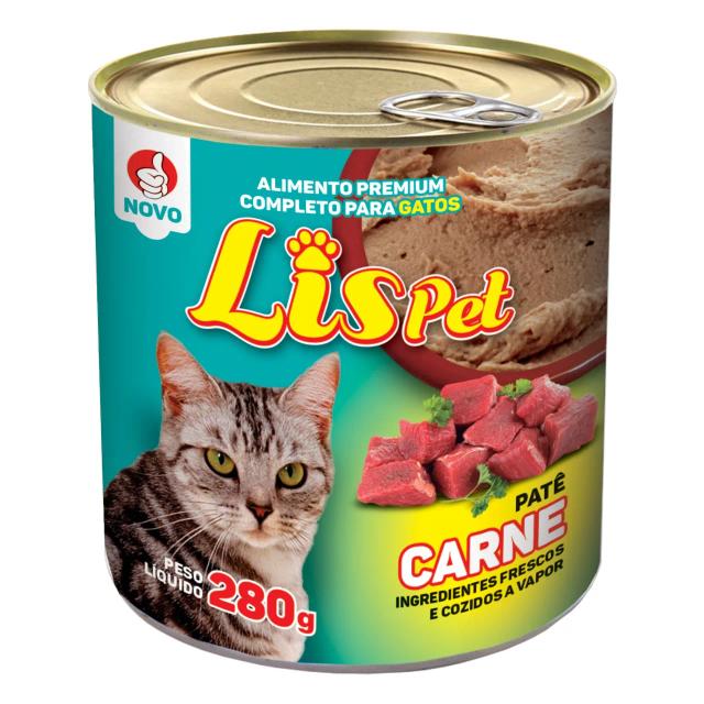 Ração Úmida LISPET para Gatos Adultos e Filhotes - Patê Sabor Carne - Pacote com 12 Unidades de 280g