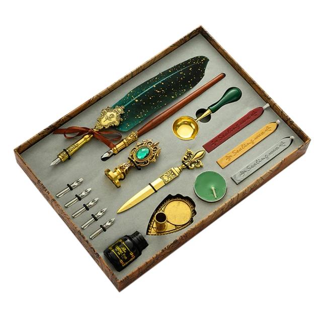 Kit de Caligrafia Vintage com Pena de Mercadoria, Tinta e Selo de Cera