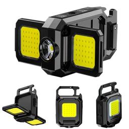 Pequena lanterna led chaveiro luz usb recarregável tocha luz de trabalho multifuncional portátil cob 90 °   Lanterna de acampamento de rotação - Image 1