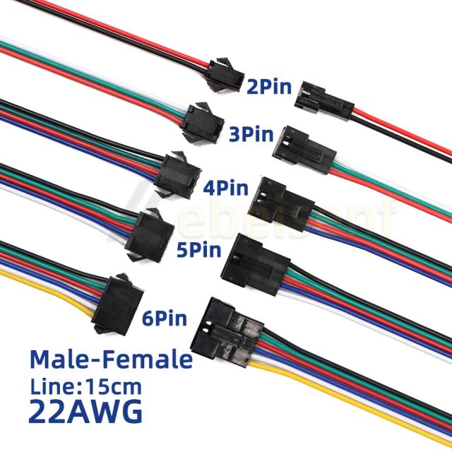 Conector SM JST fêmea/macho de 2, 3, 4, 5, 6 pinos com cabo de 15 cm 22 AWG para fitas de LED PWM de baixa voltagem de 1, 2, 3, 4, 5 canais ou fitas SPI por pixel
