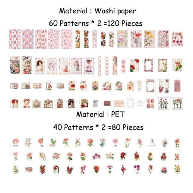 Kit de Adesivos Decorativos Journamm: 200 Peças para Scrapbooking e DIY com Papel de Colagem Floral e Materiais Diversos