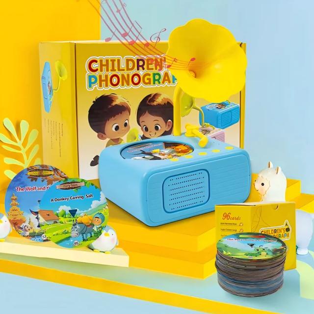 Brinquedo Gramofone Infantil Educacional com 96 Cartões para Aprendizagem Auditiva