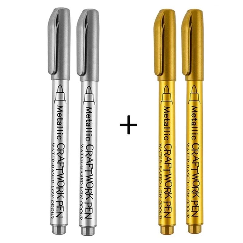 Metal impermeável permanente pintura marcador conjunto de canetas, ouro branco e escova de prata, arte artesanal, desenho caneta, material escolar - Image 1