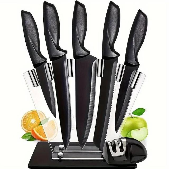 Conjunto de 7 Facas de Aço Inoxidável com Faca Profissional de Chef e Suporte Acrílico Preto para Acessórios de Cozinha