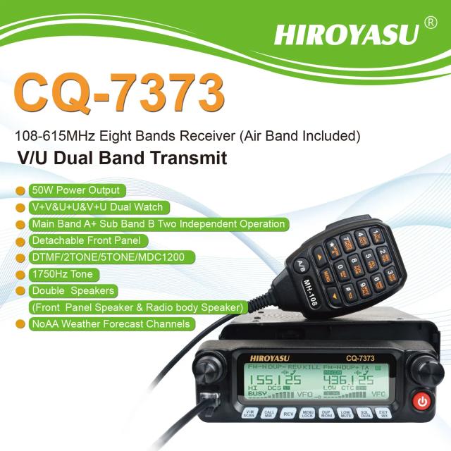 Hiroyasu CQ-7373 Transceptor Móvel Amador 50W 100 Canais RX VHF UHF