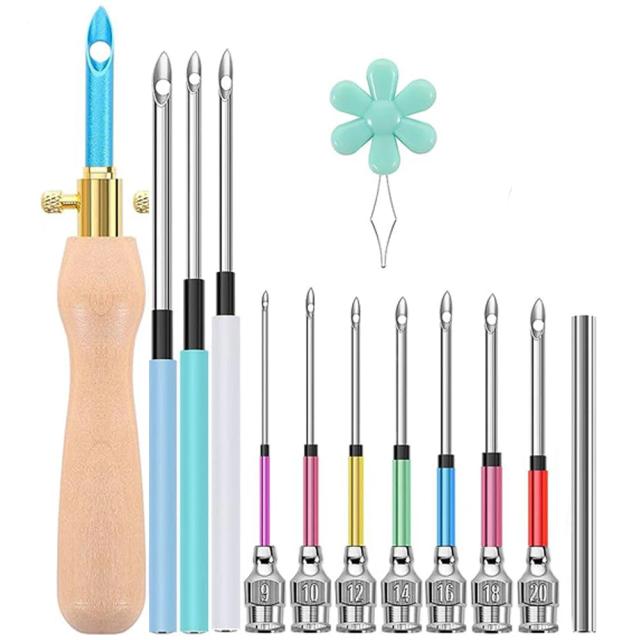 Kits de 13 Agulhas de Perfuração para Bordado com Alça de Madeira - Ferramentas DIY para Costura e Artesanato