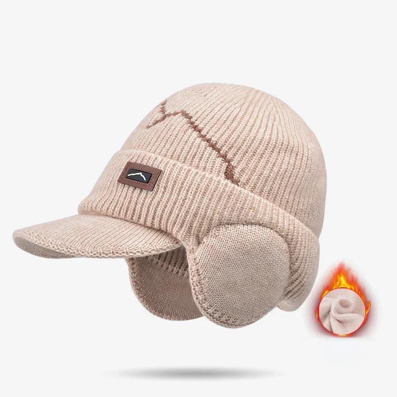 Gorros masculinos com viseira para o calor, protetores de orelha de malha de inverno, forrado de lã grossa, boné de beisebol de esqui, inverno, equitação ao ar livre - Image 1