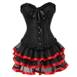 Corset sexy bustier para mulher vintage floral rendas até espartilhos e saia conjunto tutu corselet plus size overbust burlesque traje - Image 2