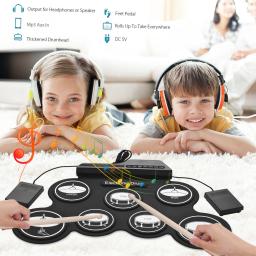 Kit de Bateria Eletrônica para Iniciantes e Crianças, Conjunto de Bateria de Silicone Roll-Up, Almofadas de Bateria Digital 7 com Baquetas, Pedais, Presentes para Crianças, USB - Image 3
