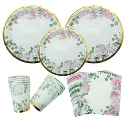 Conjunto Louça Festa Flor Dourada, Pratos De Papel Descartáveis, Copos, Guardanapos, Festa De Chá, Casamento, Chuveiro De Bebê, Aniversário, Suprimentos De Decoração - Image 1