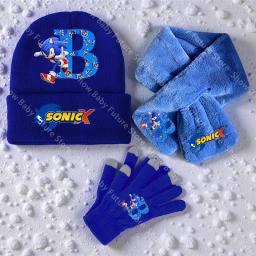 Lenço de inverno chapéus de malha luvas 3 pçs/set para meninos meninas sonics letras dos desenhos animados nome bonito lenço tela luva presentes kawaii - Image 2