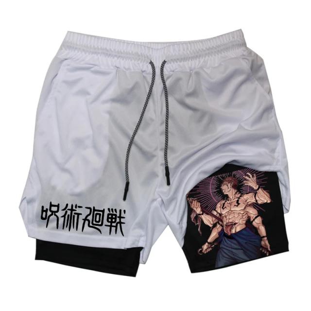 Shorts de Compressão Masculinos com Estampa de Anime para Treino e Corrida, 2 em 1 com Bolsos para Telefone e Secagem Rápida