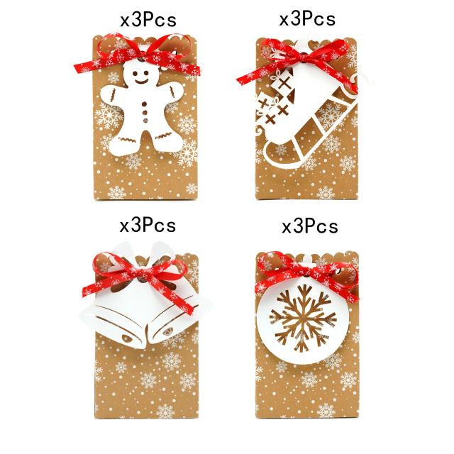 Conjunto de 12 Sacos de Presente em Papel Kraft com Fita e Tag de Feliz Natal - Decoração Festiva para Biscoitos e Embalagens de Comida com Estampa de Floco de Neve