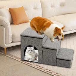 Escada dobrável com caixa de armazenamento, ninho de gatinho, rampa para cães e gatos, escada de cama, 3 passos - Image 3