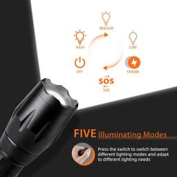 Lanternas LED de Alta Potência, Tocha De Acampamento, 5 Modos De Iluminação, Liga De Alumínio, Luz Zoomable, Impermeável, Uso De Material, 3 Baterias AAA - Image 3
