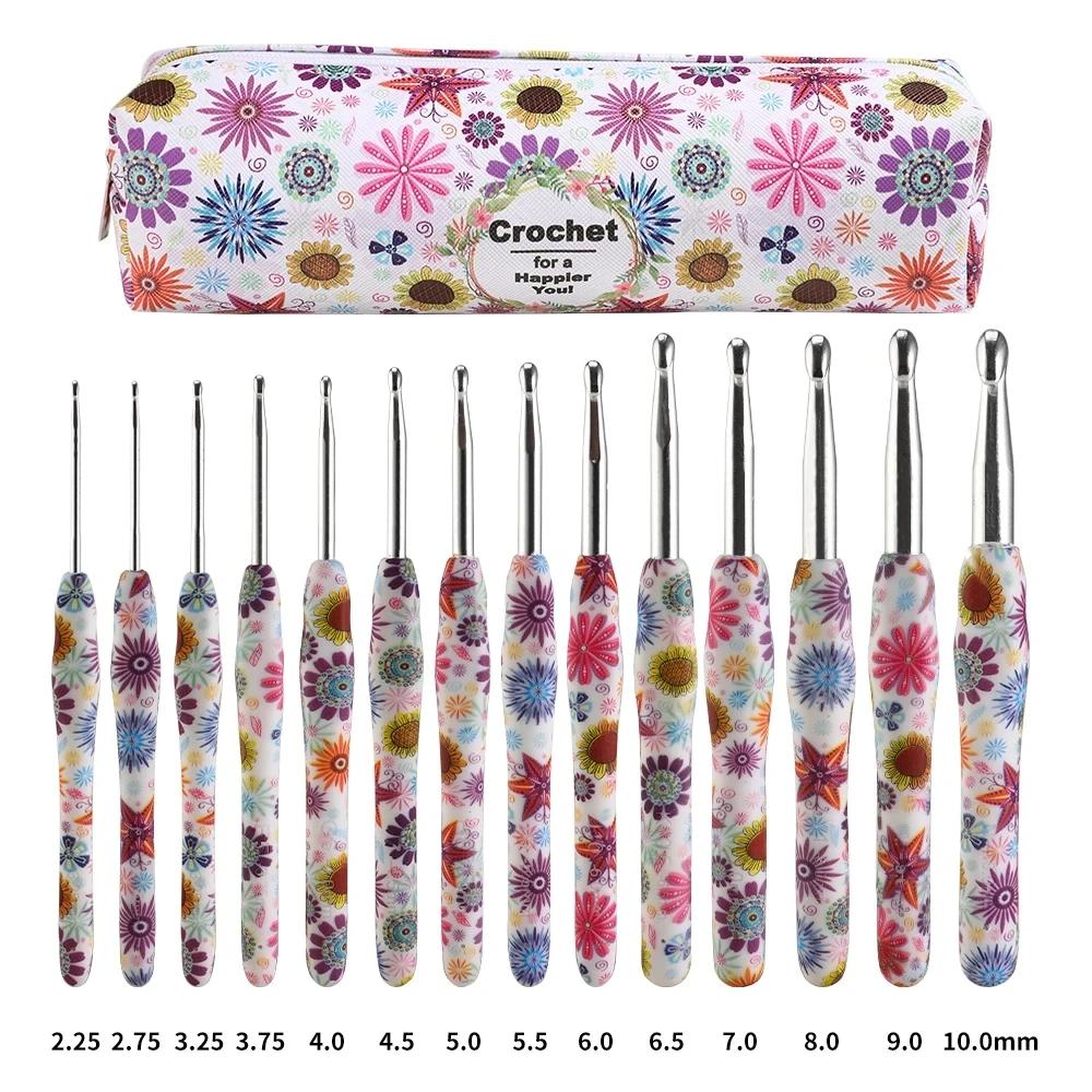 Caju flor alumínio Crochet ganchos Kit, Crochet agulhas com saco, ergonômico tricô Crochet conjunto, 2.25-10.0mm, 14Pcs, Novo - Image 1