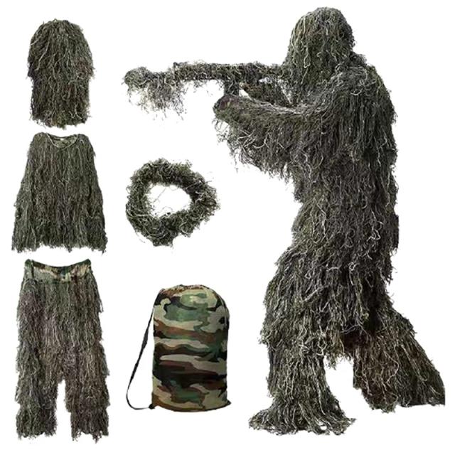 Conjunto Ghillie 3D Camuflado 5 em 1 para Caça e Atividades ao Ar Livre: Jaqueta, Calças, Capuz e Bolsa de Transporte para Adultos e Crianças