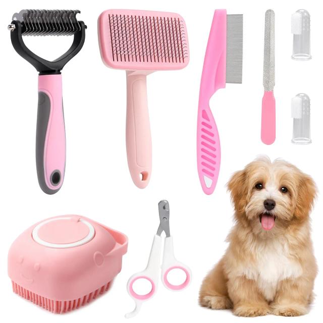 Conjunto Completo de Grooming para Pets com Cortadores de Unhas, Escova, Shampoo e Muito Mais - 8 Peças para Cuidados do Seu Cão