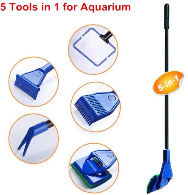 Kit Completo de 5 Ferramentas de Limpeza para Aquário: Rede de Peixe, Ancinho, Raspador de Algas, Garfo e Escova de Esponja