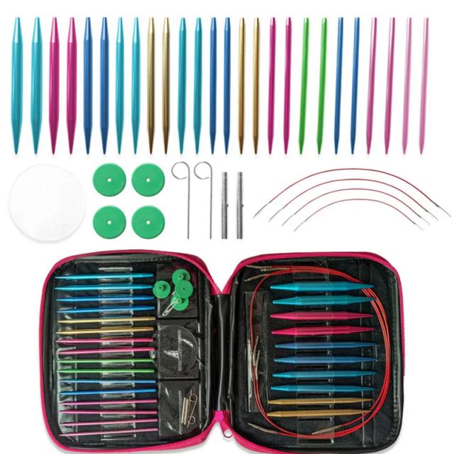 Conjunto de Agulhas de Tricô Circular de Alumínio com Ganchos Intercambiáveis - Kit Completo de Acessórios para Artesanato em Crochê e Tecelagem