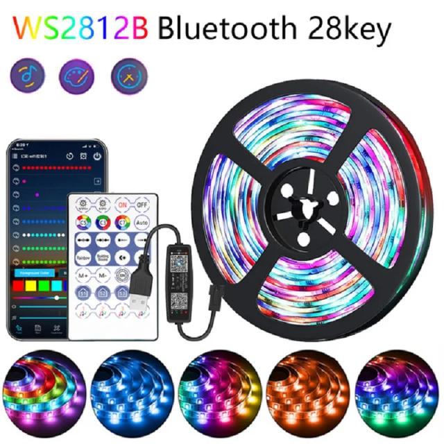 Faixa LED RGB Flexível com Controle Bluetooth e Efeito Perseguidor para Decoração de Quarto - Fita 5050 USB de 1 a 30m