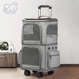Porta-aviões de dupla camada com rodas removíveis para pequenos animais, bolsa de viagem respirável, carrinho de conforto, caixa, 2 gatos cães - Image 1