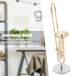 Réplica miniatura do trombone com suporte e estojo, modelo de instrumento banhado a ouro, ornamentos musicais, presente, 15cm - Image 3