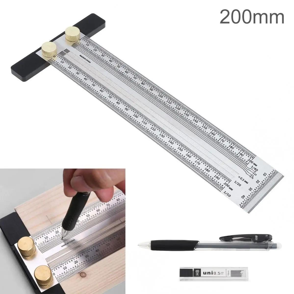200/300/400mm precisão marcação t régua de aço inoxidável scribing calibre regra carpintaria ferramenta de medição com lápis automático - Image 1