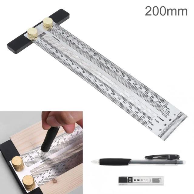 Regra de Aço Inoxidável com Marcações de Precisão de 200/300/400mm - Ferramenta de Medição para Carpintaria com Lápis Automático