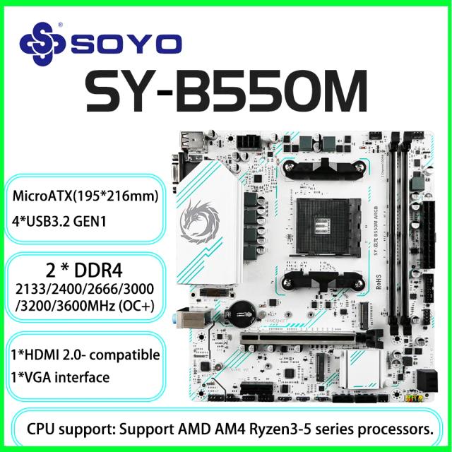 Soyo B550M Placa-Mãe para Jogos DDR4 M.2 NVMe USB 3.1