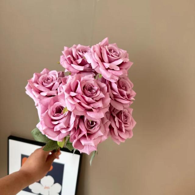 Bouquet de Rosa Artificial com Camélia para Casamento e Presentes - 9 Cabeças em Branco