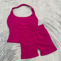 Feminino alto estiramento halter topo sutiã esportivo shorts conjunto ginásio treino yoga fitness confortável ativo wear impacto roupa de fitness - Image 2